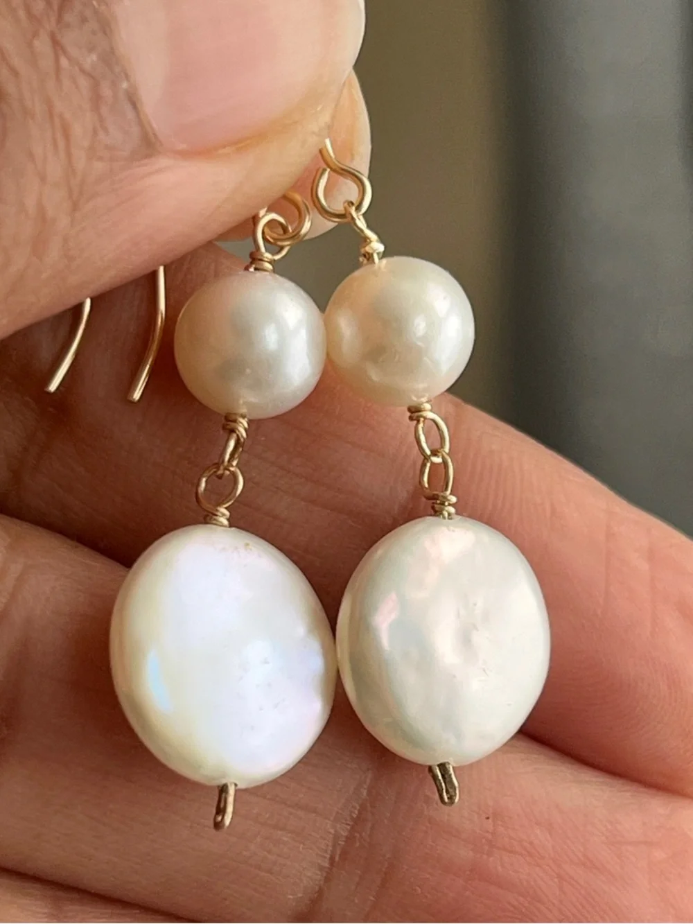 Gold Pearl Drop Earrings - White Freshwater Pearl Dangles